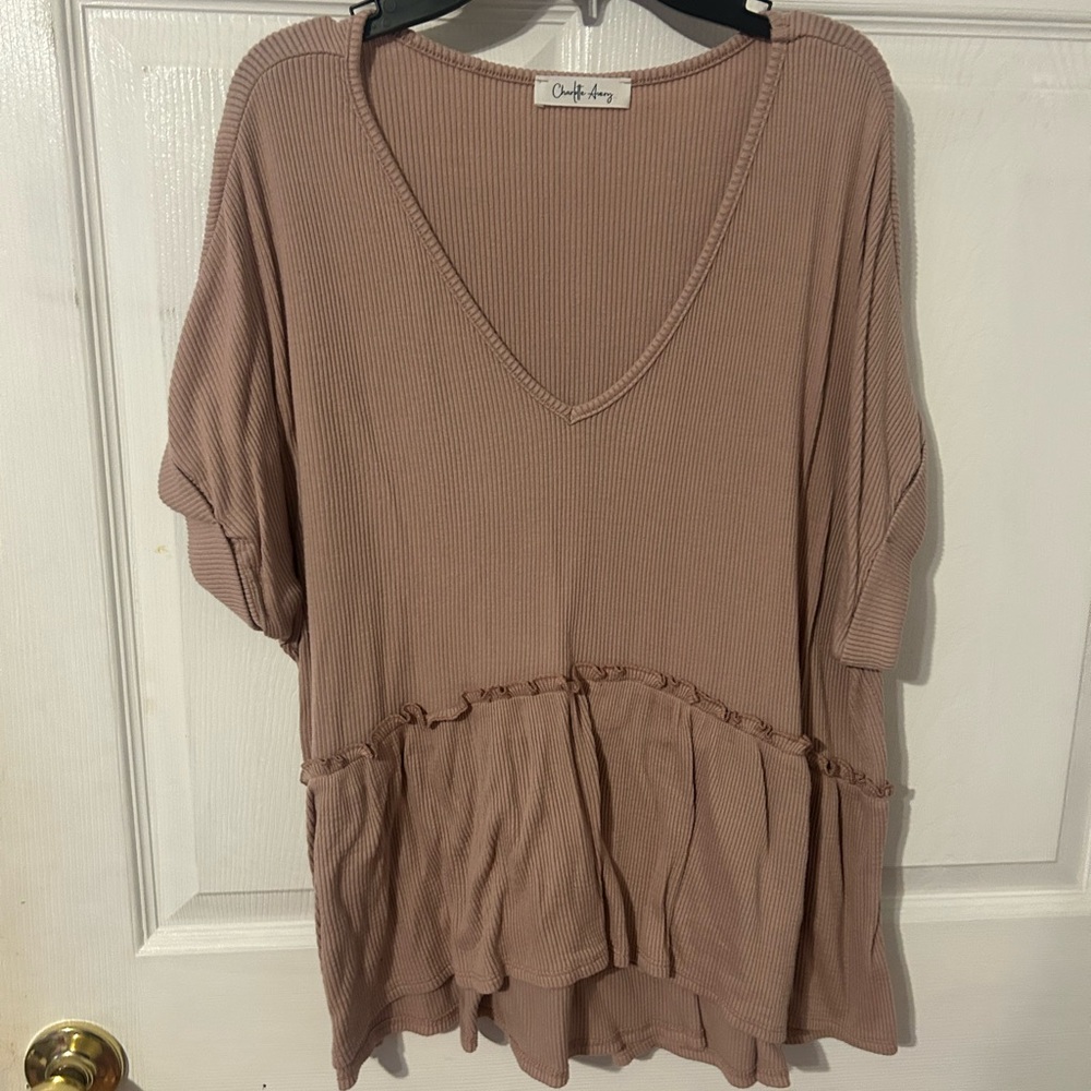 Oversized V-Neck Top in Taupe by Umgee